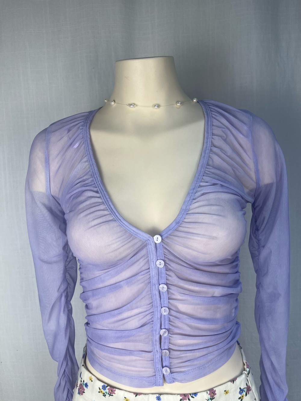 Zara Lavender Sheer Ruched Long-Sleeve Top